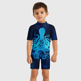 Детский купальный костюм 3D с принтом крутой осьминог в Петрозаводске, Полиэстер 85%, Спандекс 15% | застежка на молнии на спине | вода | море | океан | осьминог | подводный мир | рыбы