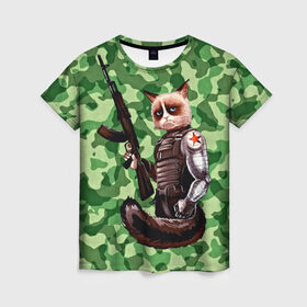 Женская футболка 3D с принтом Воинственный кот в Петрозаводске, 100% полиэфир ( синтетическое хлопкоподобное полотно) | прямой крой, круглый вырез горловины, длина до линии бедер | армия | арт | воин | животные | камуфляж | оружие
