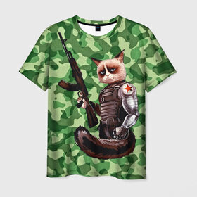 Мужская футболка 3D с принтом Воинственный кот в Петрозаводске, 100% полиэфир | прямой крой, круглый вырез горловины, длина до линии бедер | Тематика изображения на принте: армия | арт | воин | животные | камуфляж | оружие