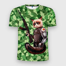 Мужская футболка 3D спортивная с принтом Воинственный кот в Петрозаводске, 100% полиэстер с улучшенными характеристиками | приталенный силуэт, круглая горловина, широкие плечи, сужается к линии бедра | Тематика изображения на принте: армия | арт | воин | животные | камуфляж | оружие