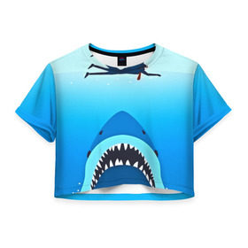 Женская футболка 3D укороченная с принтом Акула в Петрозаводске, 100% полиэстер | круглая горловина, длина футболки до линии талии, рукава с отворотами | 3d | акула | арт | животные | море | плавание | природа | рыбы | спорт | хищники