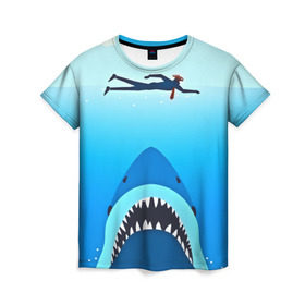 Женская футболка 3D с принтом Акула в Петрозаводске, 100% полиэфир ( синтетическое хлопкоподобное полотно) | прямой крой, круглый вырез горловины, длина до линии бедер | 3d | акула | арт | животные | море | плавание | природа | рыбы | спорт | хищники