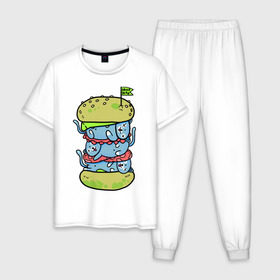 Мужская пижама хлопок с принтом drop dead в Петрозаводске, 100% хлопок | брюки и футболка прямого кроя, без карманов, на брюках мягкая резинка на поясе и по низу штанин
 | Тематика изображения на принте: burger | cat | citty | hamburger | бургер | гамбургер | кот | кошка
