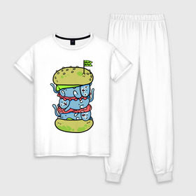 Женская пижама хлопок с принтом drop dead в Петрозаводске, 100% хлопок | брюки и футболка прямого кроя, без карманов, на брюках мягкая резинка на поясе и по низу штанин | burger | cat | citty | hamburger | бургер | гамбургер | кот | кошка