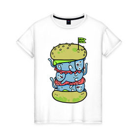 Женская футболка хлопок с принтом drop dead в Петрозаводске, 100% хлопок | прямой крой, круглый вырез горловины, длина до линии бедер, слегка спущенное плечо | Тематика изображения на принте: burger | cat | citty | hamburger | бургер | гамбургер | кот | кошка