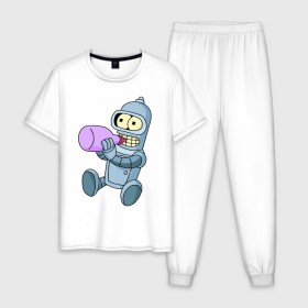 Мужская пижама хлопок с принтом Lil Bender в Петрозаводске, 100% хлопок | брюки и футболка прямого кроя, без карманов, на брюках мягкая резинка на поясе и по низу штанин
 | bender | futurama | бендер | зойдберг | космос | футурама