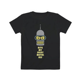 Детская футболка хлопок с принтом Bite my ass в Петрозаводске, 100% хлопок | круглый вырез горловины, полуприлегающий силуэт, длина до линии бедер | Тематика изображения на принте: bender | futurama | бендер | зойдберг | космос | футурама