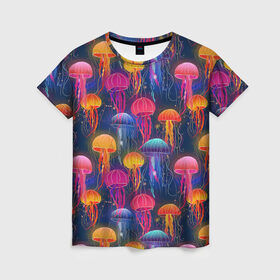 Женская футболка 3D с принтом Медузы в Петрозаводске, 100% полиэфир ( синтетическое хлопкоподобное полотно) | прямой крой, круглый вырез горловины, длина до линии бедер | лето | медузы | море | океан. рыбы | подводный мир