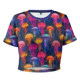 Женская футболка 3D укороченная с принтом Медузы в Петрозаводске, 100% полиэстер | круглая горловина, длина футболки до линии талии, рукава с отворотами | лето | медузы | море | океан. рыбы | подводный мир