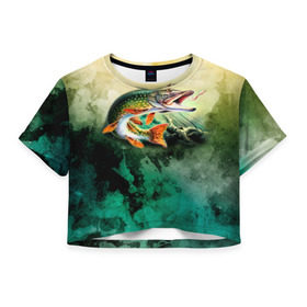 Женская футболка 3D укороченная с принтом Удача в Петрозаводске, 100% полиэстер | круглая горловина, длина футболки до линии талии, рукава с отворотами | вода | река | рыба | рыбак | рыбалка | щука