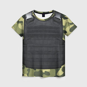 Женская футболка 3D с принтом Бронежилет + камуфляж в Петрозаводске, 100% полиэфир ( синтетическое хлопкоподобное полотно) | прямой крой, круглый вырез горловины, длина до линии бедер | 23февраля | 9 мая | csgo | бронежилет | варфейс | военные | игры | ксго | лучшее
