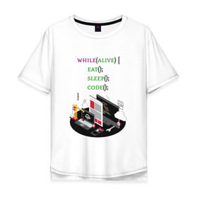 Мужская футболка хлопок Oversize с принтом Code while alive в Петрозаводске, 100% хлопок | свободный крой, круглый ворот, “спинка” длиннее передней части | code | dev | developer | development | lifestyle | код | программа | программирование | программист | разработка | разработчик | стиль жизни