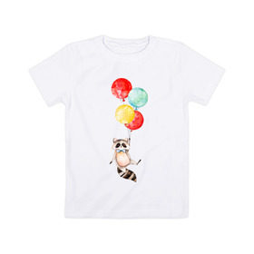 Детская футболка хлопок с принтом Енот в Петрозаводске, 100% хлопок | круглый вырез горловины, полуприлегающий силуэт, длина до линии бедер | акварель | бабочка | воздушный | иллюстрация | илюстрация | полет | рисунок | шарик