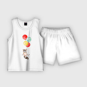 Детская пижама с шортами хлопок с принтом Енот в Петрозаводске,  |  | акварель | бабочка | воздушный | иллюстрация | илюстрация | полет | рисунок | шарик