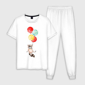 Мужская пижама хлопок с принтом Енот в Петрозаводске, 100% хлопок | брюки и футболка прямого кроя, без карманов, на брюках мягкая резинка на поясе и по низу штанин
 | акварель | бабочка | воздушный | иллюстрация | илюстрация | полет | рисунок | шарик