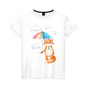 Женская футболка хлопок с принтом Лис в Петрозаводске, 100% хлопок | прямой крой, круглый вырез горловины, длина до линии бедер, слегка спущенное плечо | акварель | зонт | иллюстрация | облака