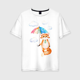 Женская футболка хлопок Oversize с принтом Лис в Петрозаводске, 100% хлопок | свободный крой, круглый ворот, спущенный рукав, длина до линии бедер
 | акварель | зонт | иллюстрация | облака