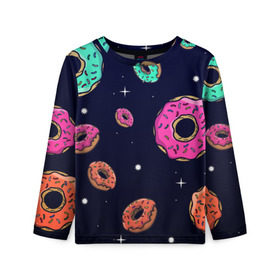 Детский лонгслив 3D с принтом Black Milk Космические Пончики в Петрозаводске, 100% полиэстер | длинные рукава, круглый вырез горловины, полуприлегающий силуэт
 | black milk | donut | donuts | space | the simpsons | trend | глазурь | дизайн | еда | звезда | звёзды | космос | мода | пончик | симпсоны | симсоны | сладкий | стиль | тренд | узор