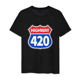 Мужская футболка хлопок с принтом HIGHWAY 420 в Петрозаводске, 100% хлопок | прямой крой, круглый вырез горловины, длина до линии бедер, слегка спущенное плечо. | Тематика изображения на принте: 420 | bob marley | bong | buds | high way | highway | joint | smoke | weed | боб марли | бонг | бошки | джоинт | косяк
