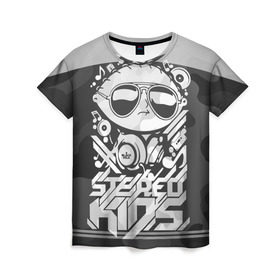 Женская футболка 3D с принтом Black Milk Stereo Kids в Петрозаводске, 100% полиэфир ( синтетическое хлопкоподобное полотно) | прямой крой, круглый вырез горловины, длина до линии бедер | black milk | dj | kids | stereo | дети | дизайн | камуфляж | малыш | мода | наушники | ноты | очки | ребёнок | стерео | стиль