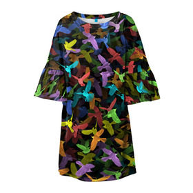 Детское платье 3D с принтом Разноцветные птички в Петрозаводске, 100% полиэстер | прямой силуэт, чуть расширенный к низу. Круглая горловина, на рукавах — воланы | ворбьи | куча | паттерн | птица | птицы | радуга | радужный | синцы | стая | текстура