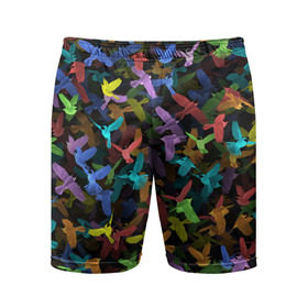 Мужские шорты 3D спортивные с принтом Разноцветные птички в Петрозаводске,  |  | ворбьи | куча | паттерн | птица | птицы | радуга | радужный | синцы | стая | текстура