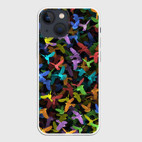Чехол для iPhone 13 mini с принтом Разноцветные птички в Петрозаводске,  |  | Тематика изображения на принте: ворбьи | куча | паттерн | птица | птицы | радуга | радужный | синцы | стая | текстура