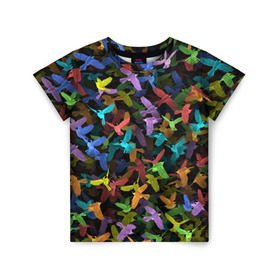 Детская футболка 3D с принтом Разноцветные птички в Петрозаводске, 100% гипоаллергенный полиэфир | прямой крой, круглый вырез горловины, длина до линии бедер, чуть спущенное плечо, ткань немного тянется | ворбьи | куча | паттерн | птица | птицы | радуга | радужный | синцы | стая | текстура