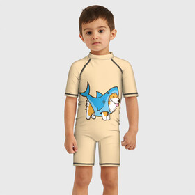 Детский купальный костюм 3D с принтом Пес-акула в Петрозаводске, Полиэстер 85%, Спандекс 15% | застежка на молнии на спине | акула | пёс | песик | рисунок