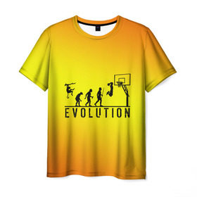 Мужская футболка 3D с принтом Эволюция баскетбола в Петрозаводске, 100% полиэфир | прямой крой, круглый вырез горловины, длина до линии бедер | basketball | evolution | желтый | обезьяна человек | оранжевый | эволюция