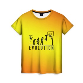 Женская футболка 3D с принтом Эволюция баскетбола в Петрозаводске, 100% полиэфир ( синтетическое хлопкоподобное полотно) | прямой крой, круглый вырез горловины, длина до линии бедер | basketball | evolution | желтый | обезьяна человек | оранжевый | эволюция