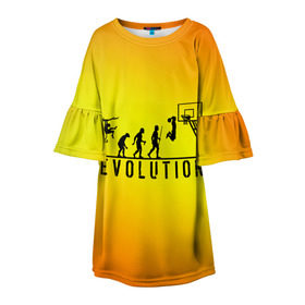 Детское платье 3D с принтом Эволюция баскетбола в Петрозаводске, 100% полиэстер | прямой силуэт, чуть расширенный к низу. Круглая горловина, на рукавах — воланы | basketball | evolution | желтый | обезьяна человек | оранжевый | эволюция