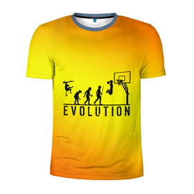 Мужская футболка 3D спортивная с принтом Эволюция баскетбола в Петрозаводске, 100% полиэстер с улучшенными характеристиками | приталенный силуэт, круглая горловина, широкие плечи, сужается к линии бедра | Тематика изображения на принте: basketball | evolution | желтый | обезьяна человек | оранжевый | эволюция