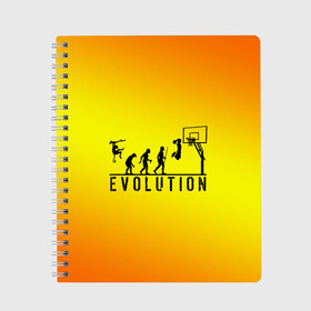 Тетрадь с принтом Эволюция баскетбола в Петрозаводске, 100% бумага | 48 листов, плотность листов — 60 г/м2, плотность картонной обложки — 250 г/м2. Листы скреплены сбоку удобной пружинной спиралью. Уголки страниц и обложки скругленные. Цвет линий — светло-серый
 | Тематика изображения на принте: basketball | evolution | желтый | обезьяна человек | оранжевый | эволюция