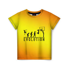 Детская футболка 3D с принтом Эволюция баскетбола в Петрозаводске, 100% гипоаллергенный полиэфир | прямой крой, круглый вырез горловины, длина до линии бедер, чуть спущенное плечо, ткань немного тянется | basketball | evolution | желтый | обезьяна человек | оранжевый | эволюция