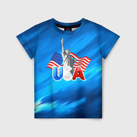 Детская футболка 3D с принтом USA в Петрозаводске, 100% гипоаллергенный полиэфир | прямой крой, круглый вырез горловины, длина до линии бедер, чуть спущенное плечо, ткань немного тянется | Тематика изображения на принте: 3d | blue | usa | америка | города | краски | любовь | страны | сша | турист | флаг