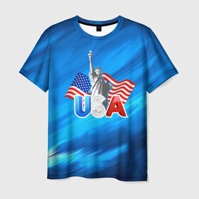Мужская футболка 3D с принтом USA в Петрозаводске, 100% полиэфир | прямой крой, круглый вырез горловины, длина до линии бедер | 3d | blue | usa | америка | города | краски | любовь | страны | сша | турист | флаг