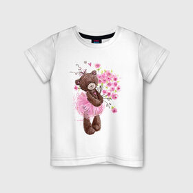 Детская футболка хлопок с принтом Цветы в Петрозаводске, 100% хлопок | круглый вырез горловины, полуприлегающий силуэт, длина до линии бедер | акварель | балерина | девочка | игрушка | медведь | мило | мимими | пачка | плюшевый | рисунок | розы | сердце | теди