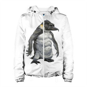 Женская куртка 3D с принтом Пингвинопитек в Петрозаводске, ткань верха — 100% полиэстер, подклад — флис | прямой крой, подол и капюшон оформлены резинкой с фиксаторами, два кармана без застежек по бокам, один большой потайной карман на груди. Карман на груди застегивается на липучку | лженаука | пингвин