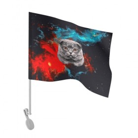 Флаг для автомобиля с принтом Космический кот в Петрозаводске, 100% полиэстер | Размер: 30*21 см | 3d | cat | арт | взгляд | кот | кот хипстер | котёнок | котятки | котятушки | кошечки | кошка | мордочка