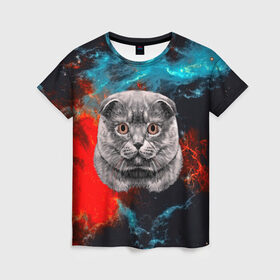 Женская футболка 3D с принтом Космический кот в Петрозаводске, 100% полиэфир ( синтетическое хлопкоподобное полотно) | прямой крой, круглый вырез горловины, длина до линии бедер | Тематика изображения на принте: 3d | cat | арт | взгляд | кот | кот хипстер | котёнок | котятки | котятушки | кошечки | кошка | мордочка