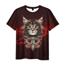 Мужская футболка 3D с принтом Electro cat в Петрозаводске, 100% полиэфир | прямой крой, круглый вырез горловины, длина до линии бедер | Тематика изображения на принте: cat | взгляд | кот | кот хипстер | котёнок | котятки | кошка | молния | мордочка | разряд | электричество