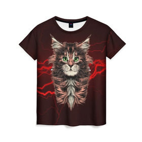 Женская футболка 3D с принтом Electro cat в Петрозаводске, 100% полиэфир ( синтетическое хлопкоподобное полотно) | прямой крой, круглый вырез горловины, длина до линии бедер | cat | взгляд | кот | кот хипстер | котёнок | котятки | кошка | молния | мордочка | разряд | электричество