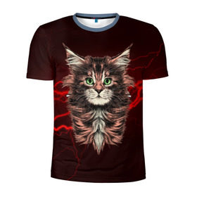 Мужская футболка 3D спортивная с принтом Electro cat в Петрозаводске, 100% полиэстер с улучшенными характеристиками | приталенный силуэт, круглая горловина, широкие плечи, сужается к линии бедра | cat | взгляд | кот | кот хипстер | котёнок | котятки | кошка | молния | мордочка | разряд | электричество