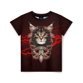 Детская футболка 3D с принтом Electro cat в Петрозаводске, 100% гипоаллергенный полиэфир | прямой крой, круглый вырез горловины, длина до линии бедер, чуть спущенное плечо, ткань немного тянется | cat | взгляд | кот | кот хипстер | котёнок | котятки | кошка | молния | мордочка | разряд | электричество