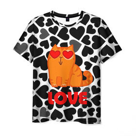 Мужская футболка 3D с принтом Влюбленный котик в Петрозаводске, 100% полиэфир | прямой крой, круглый вырез горловины, длина до линии бедер | сердечки