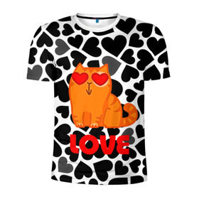 Мужская футболка 3D спортивная с принтом Влюбленный котик в Петрозаводске, 100% полиэстер с улучшенными характеристиками | приталенный силуэт, круглая горловина, широкие плечи, сужается к линии бедра | Тематика изображения на принте: сердечки