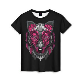 Женская футболка 3D с принтом Волк в Петрозаводске, 100% полиэфир ( синтетическое хлопкоподобное полотно) | прямой крой, круглый вырез горловины, длина до линии бедер | wolf | арт | взгляд | графика | живопись | лис | лиса | рисунок | розовый | тотем | хищник