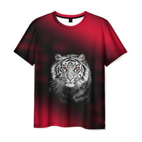 Мужская футболка 3D с принтом Тигр красные глаза в Петрозаводске, 100% полиэфир | прямой крой, круглый вырез горловины, длина до линии бедер |  хищник | багровый | большая кошка | глаза. красные | красный | кровавый | тигр