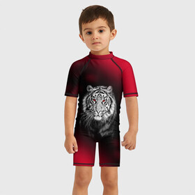 Детский купальный костюм 3D с принтом Тигр красные глаза в Петрозаводске, Полиэстер 85%, Спандекс 15% | застежка на молнии на спине |  хищник | багровый | большая кошка | глаза. красные | красный | кровавый | тигр